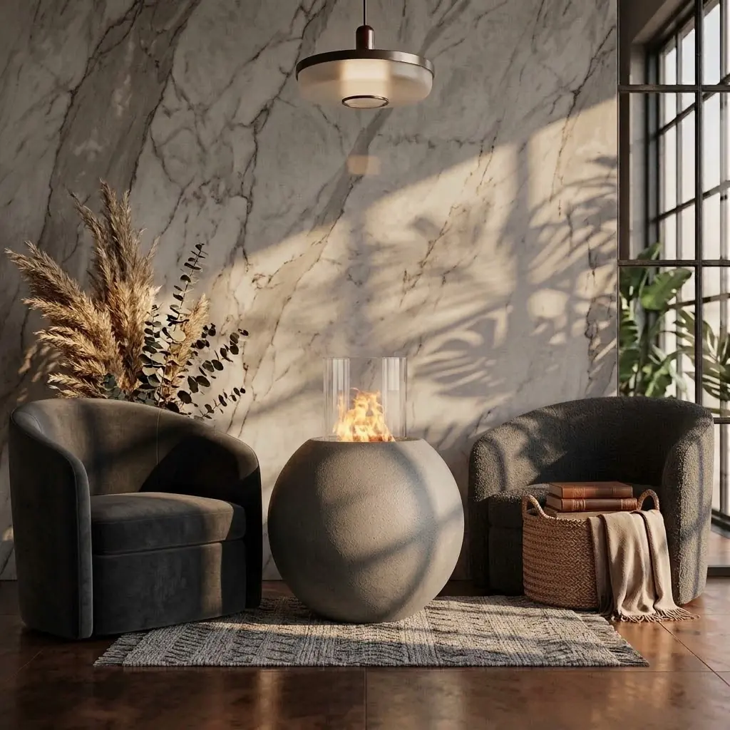 Bowl Flame Hafif Beton Bioethanol Taşınabilir Şömine